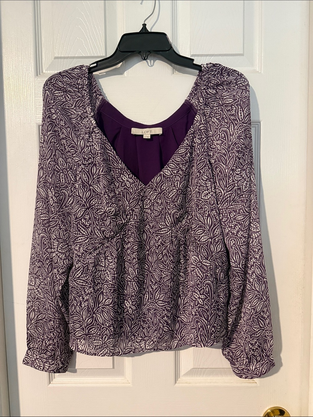 LOFT Purple Paisley V-Neck Blouse with Long Sleeves